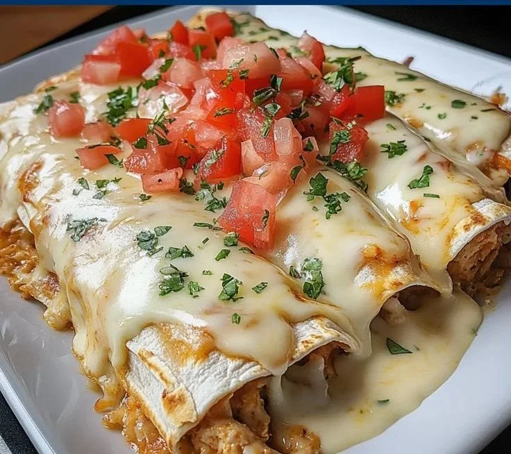 Indulgent queso chicken enchiladas topped with creamy sauce and garnished