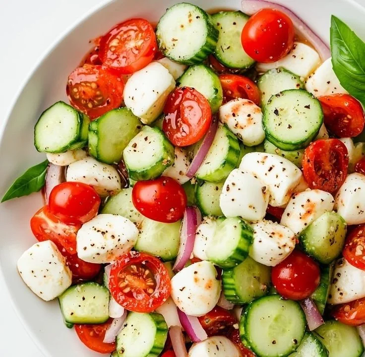 A colorful bowl of Juicy Cucumber Caprese Salad featuring fresh cucumbers, tomatoes, and mozzarella.