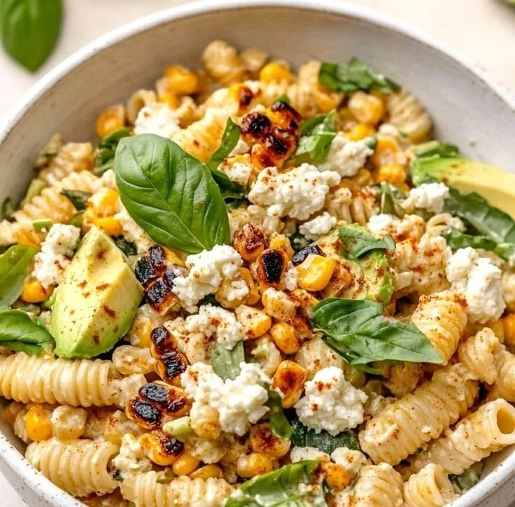 Delicious street corn pasta salad with fresh ingredients and vibrant colors.