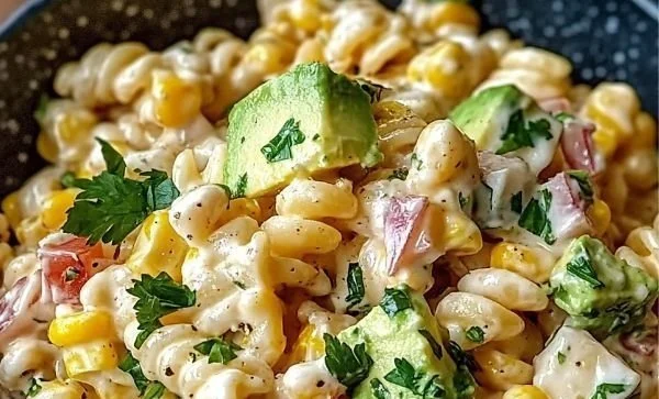 A colorful bowl of Mexican street corn pasta salad with fresh ingredients.