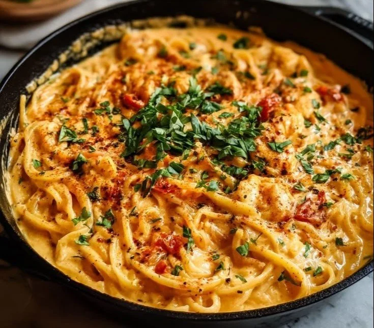 One Pan Creamy Tomato Pasta with fresh basil and parmesan cheese, easy dinner recipe