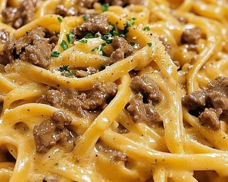 One-Pot Creamy Beef and Garlic Butter Pasta served in a bowl