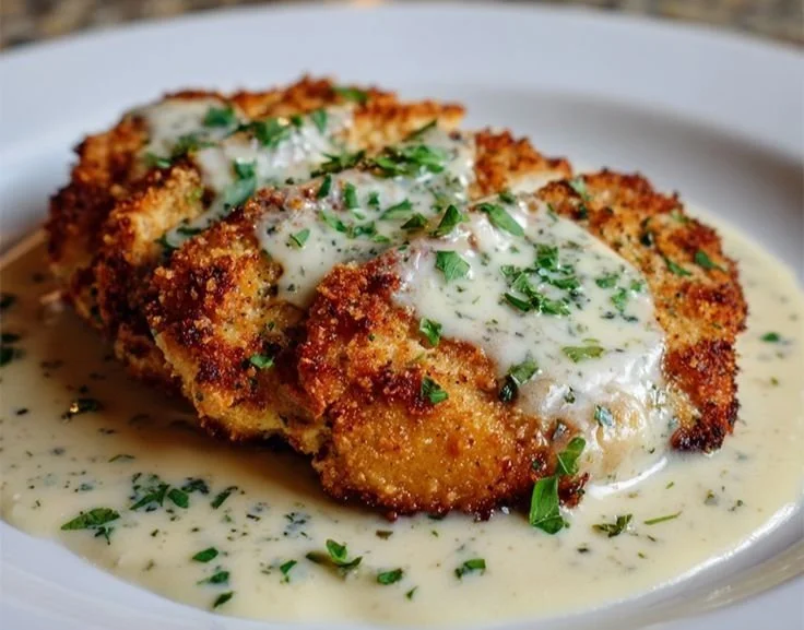 Delicious Parmesan Crusted Chicken served with creamy garlic sauce on a plate