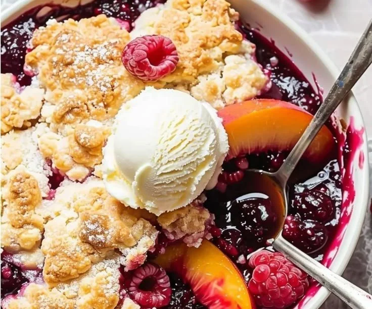 Delicious peach cobbler with raspberries fresh out of the oven