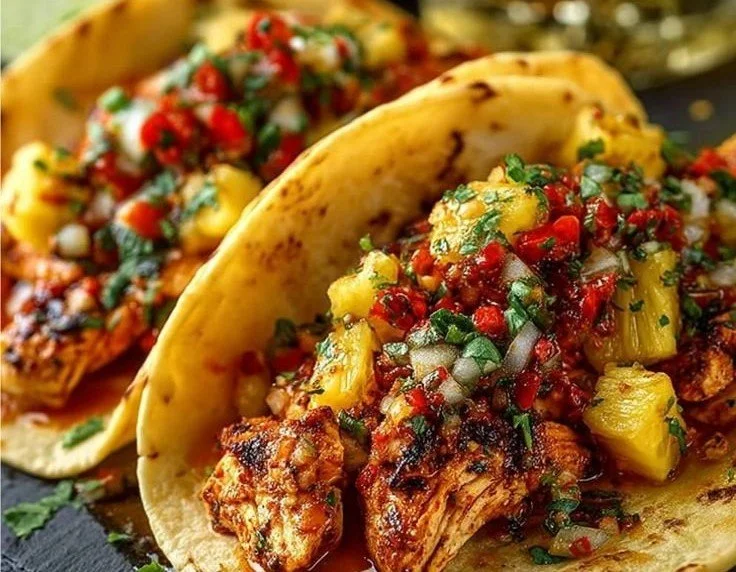 Delicious Pineapple Chicken Tacos served with fresh toppings