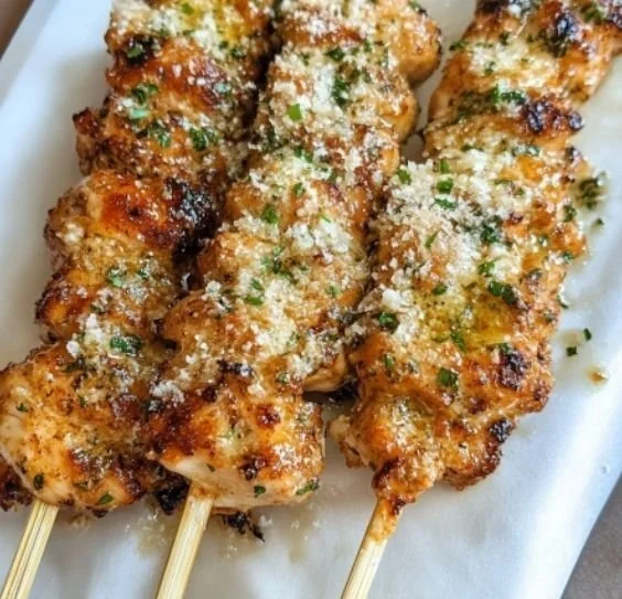 Ranch Garlic Parmesan Chicken Skewers served on a platter with fresh herbs