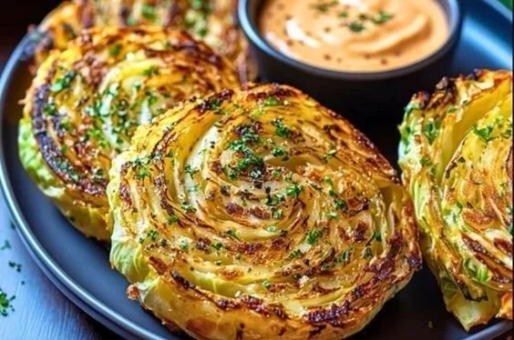 Delicious roasted cabbage steaks garnished and served on a plate.