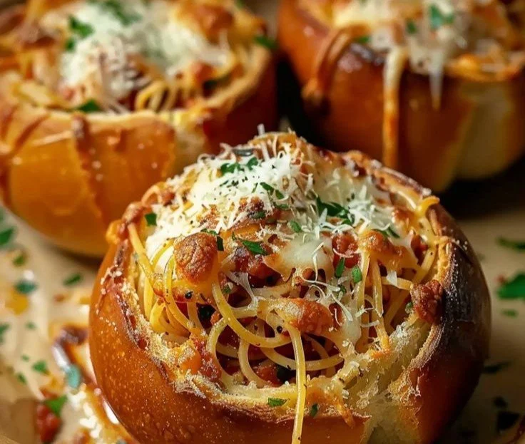 Spaghetti served in edible garlic bread bowls with melted cheese.