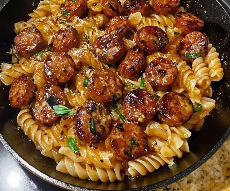 A delicious sticky honey garlic sausage pasta skillet dish garnished with herbs.