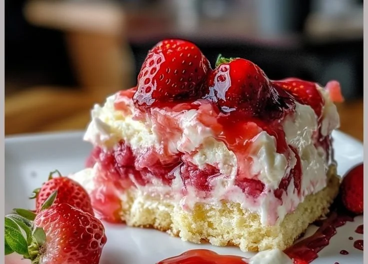 Delicious Strawberry Earthquake Cake with cream cheese frosting and strawberries