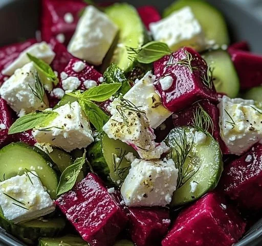 Vibrant beet salad with feta cheese and cucumbers on a plate
