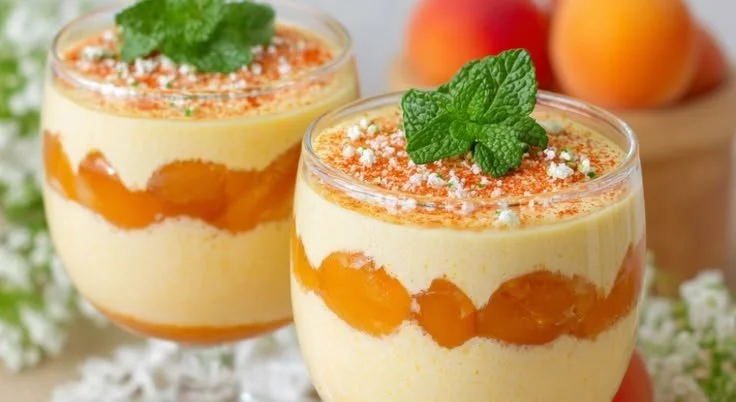 Delicious homemade apricot mousse dessert in a glass with fresh apricots