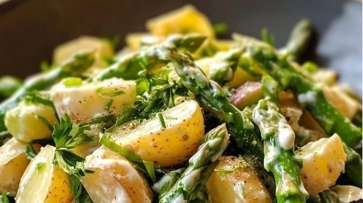 Asparagus and New Potato Salad in a bowl with vinaigrette dressing