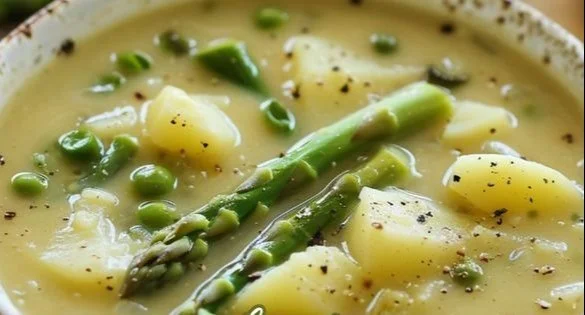 Bowl of creamy Asparagus Potato Soup garnished with fresh herbs
