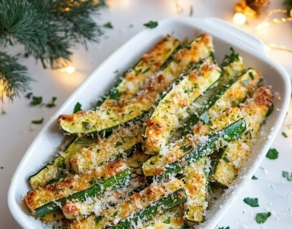 Baked Parmesan Zucchini on a plate, garnished and ready to serve.