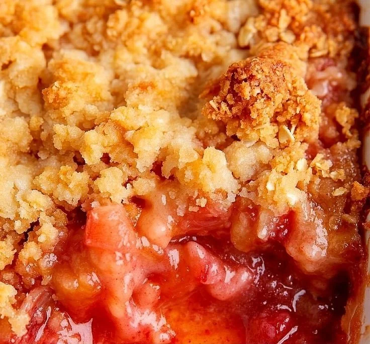 Delicious homemade rhubarb crisp topped with oats and cinnamon