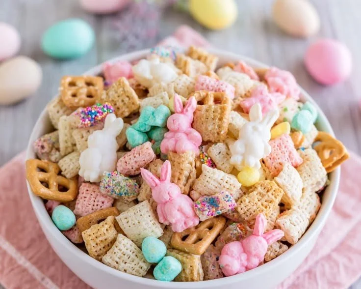 Bunny Bait Snack Mix featuring colorful candies and nutty treats in a bowl