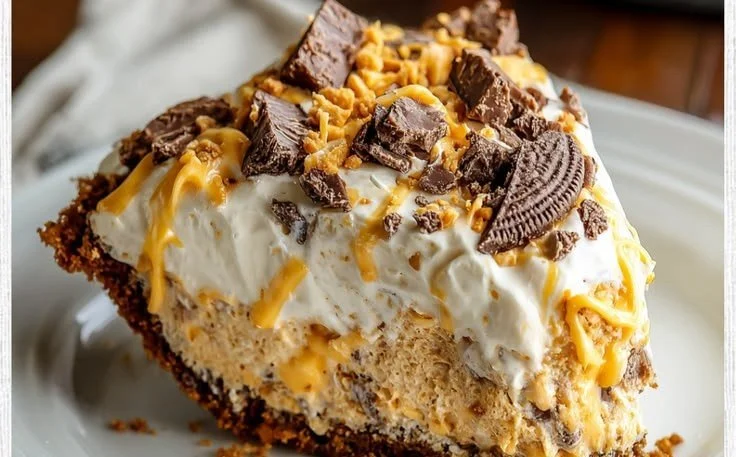 Delicious Butterfinger Pie with chocolate and caramel topping served on a dessert plate.