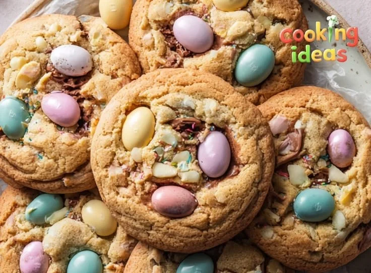Delicious homemade Cadbury Egg Cookies with chocolate and colorful egg pieces