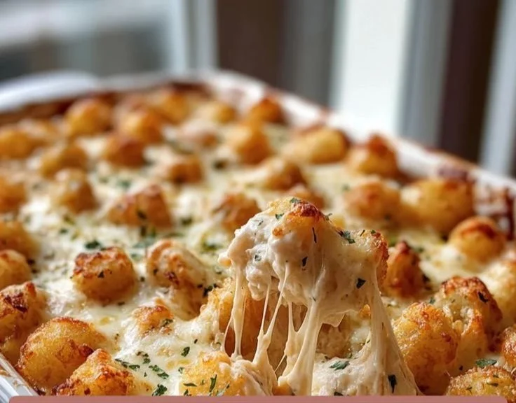 Chicken Alfredo Tater Tot Casserole topped with melted cheese and herbs.