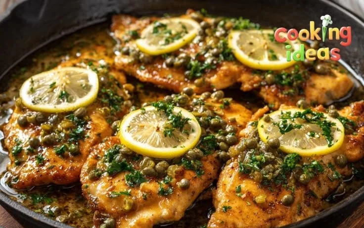 Plate of Chicken Piccata with lemon and capers garnished with parsley