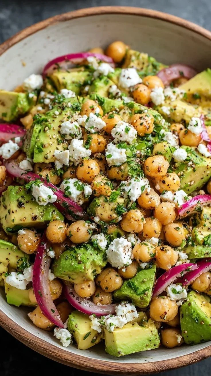 Chickpea Feta Avocado Salad with fresh vegetables and herbs