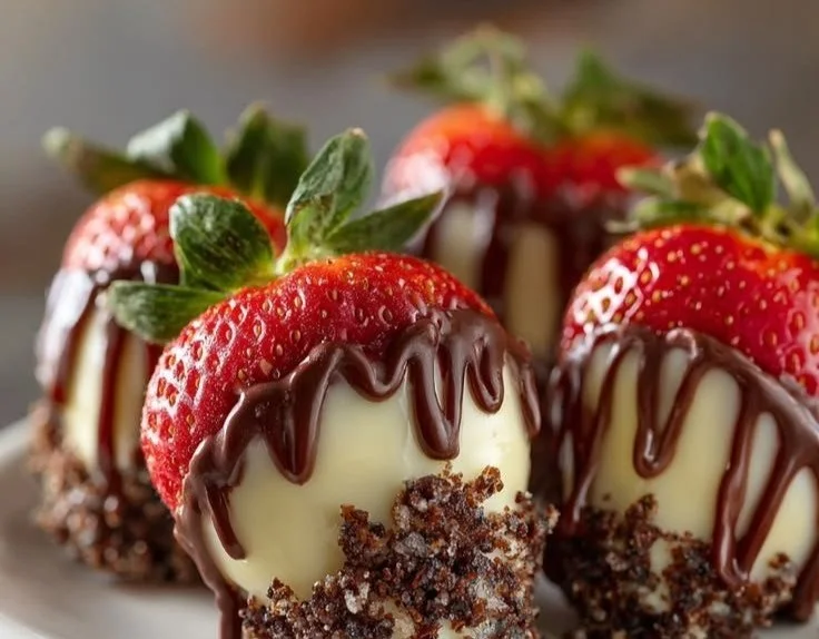 Chocolate covered cheesecake strawberries elegantly arranged on a platter.