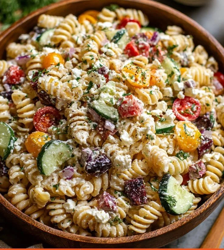 Chopped Greek Pasta Salad with fresh veggies and feta cheese in a bowl