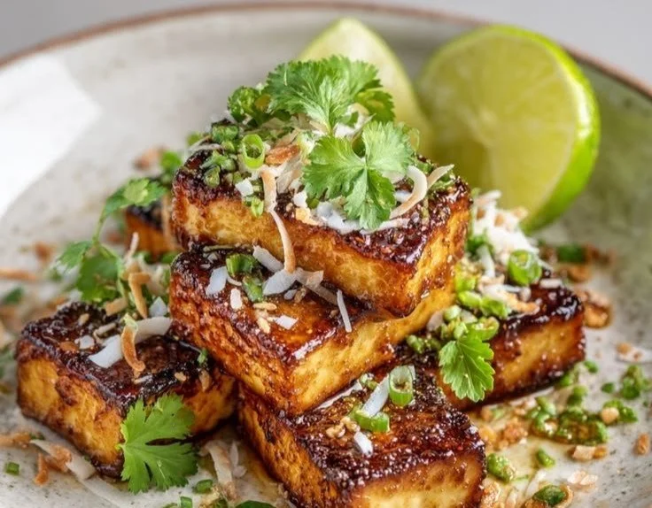 Delicious Coconut Lime Tofu dish garnished with fresh herbs and lime wedges.