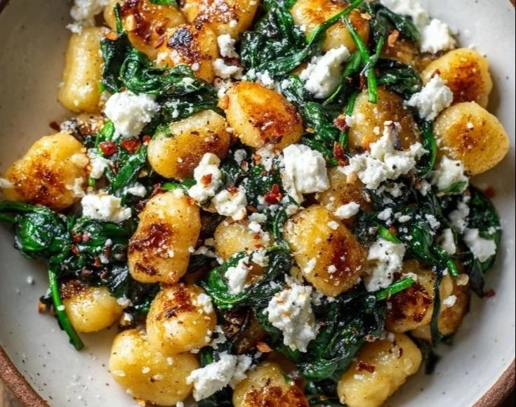 Creamy gnocchi dish with spinach and feta served in a bowl