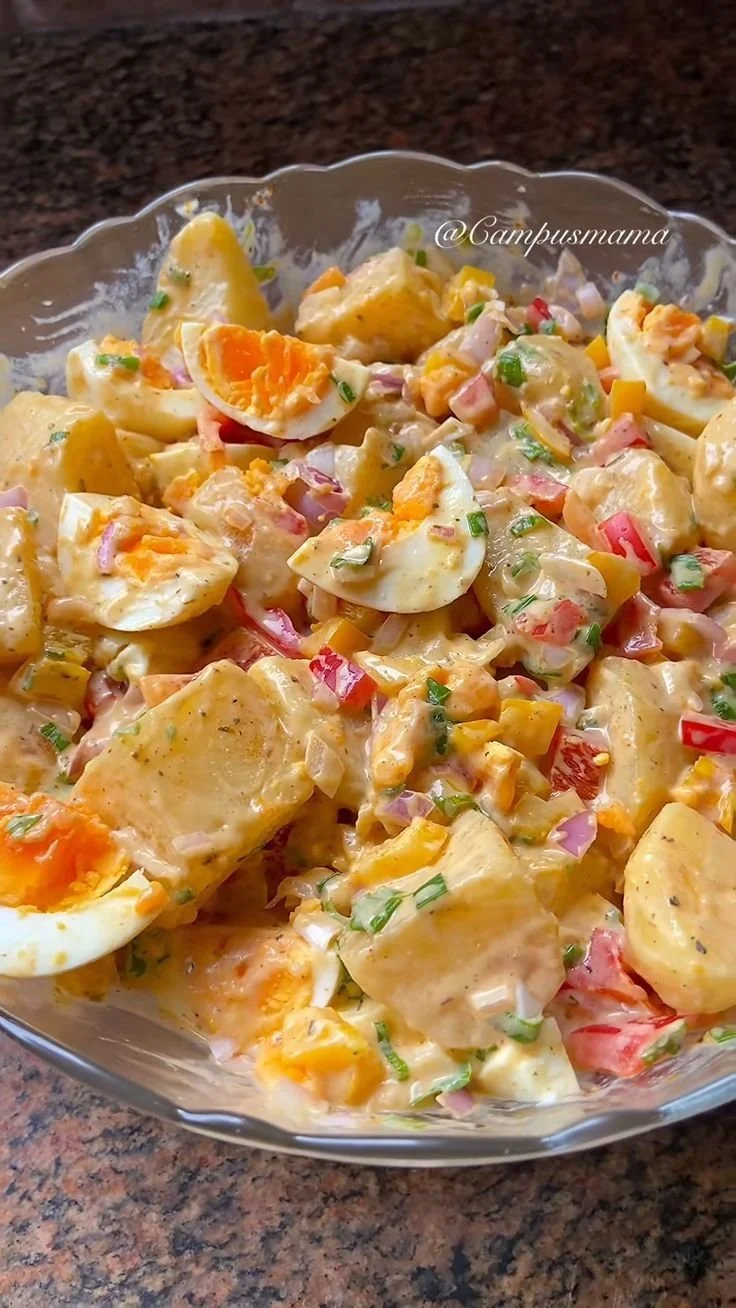 Delicious creamy potato salad served in a bowl, garnished with herbs.
