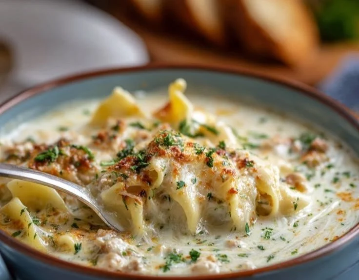 Creamy white lasagna soup served in a bowl with fresh herbs and cheese.