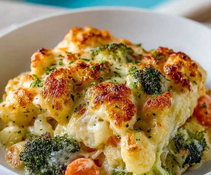 Creamy winter vegetable casserole with colorful veggies baked in a rich sauce