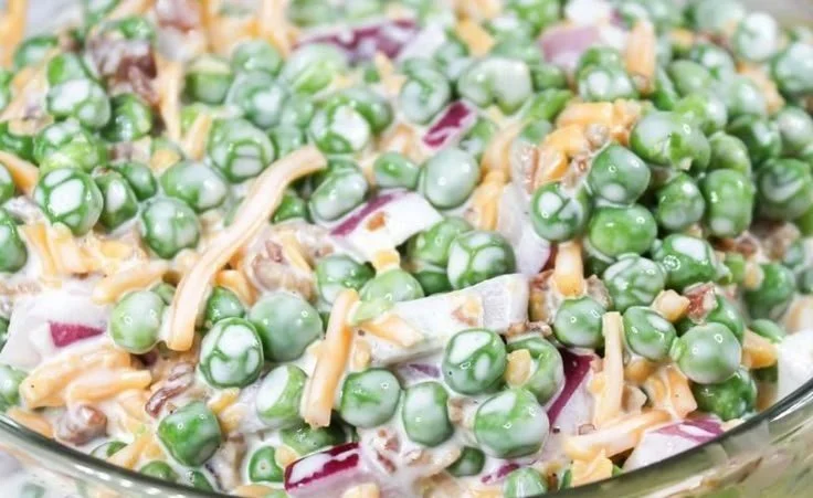 Easy English Pea Salad with fresh ingredients in a bowl