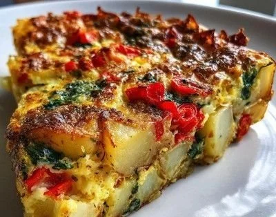 Easy frittata with potatoes, red peppers, and spinach on a plate