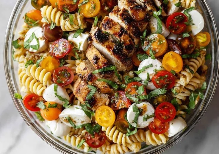 Layered Grilled Chicken Caprese Pasta Salad