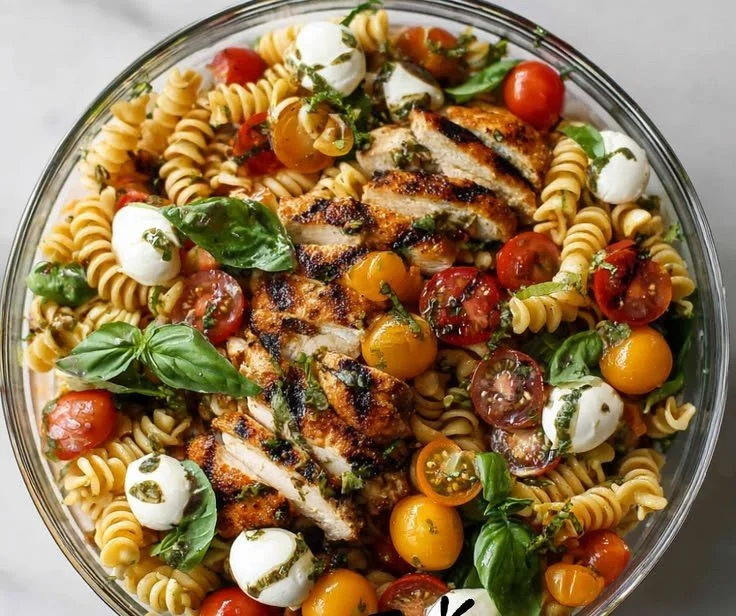 Layered Grilled Chicken Caprese Pasta Salad