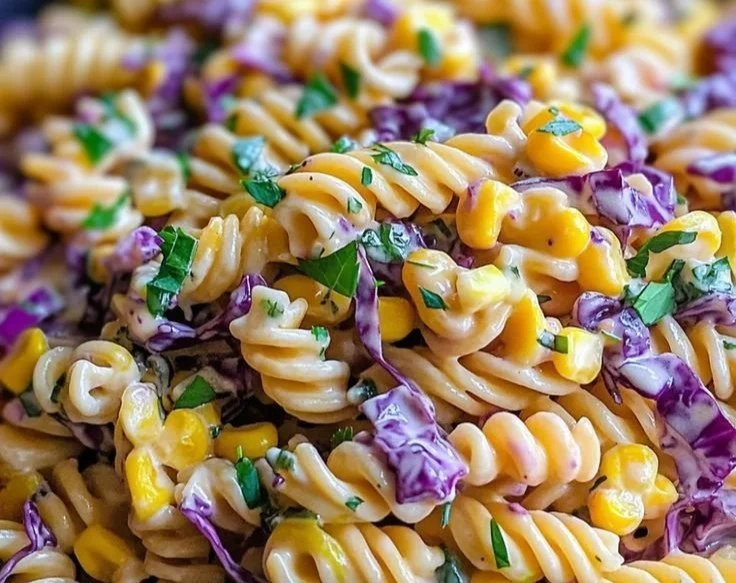 Colorful Mardi Gras Pasta Salad with vegetables, perfect for celebrations.