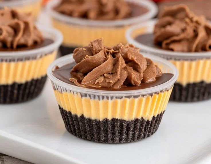 Delicious no-bake Reese's Dessert Cups topped with chocolate and peanut butter.