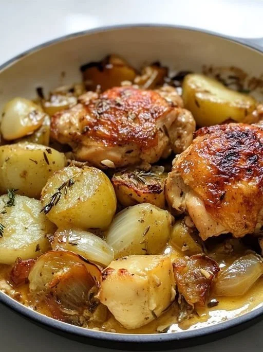 One Pot Irish Chicken dish served in a rustic bowl with herbs and vegetables.