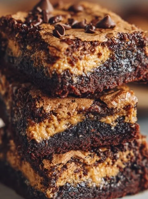 Decadent Peanut Butter Brownies topped with chocolate