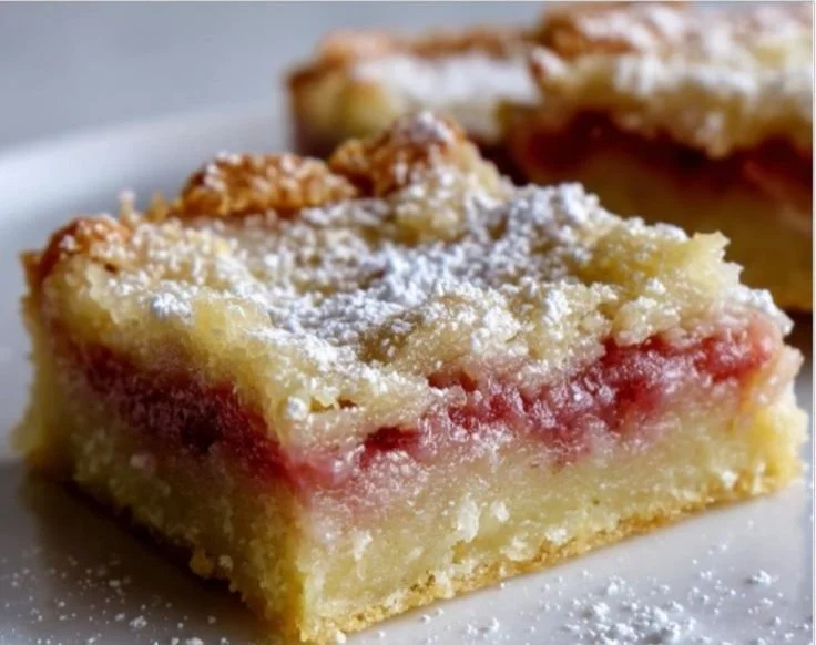 Delicious rhubarb dream bars dessert with a crumbly crust and vibrant topping.