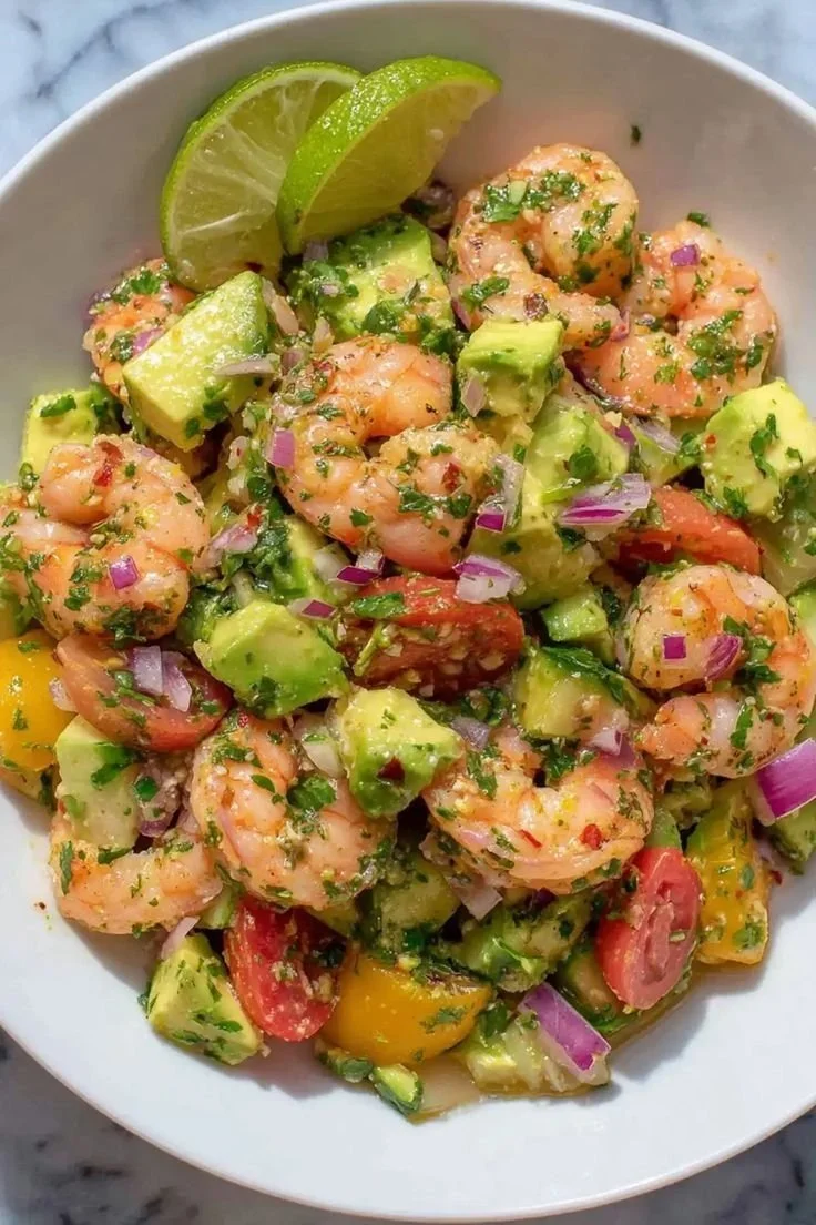 Fresh and vibrant shrimp salad with vegetables and dressing