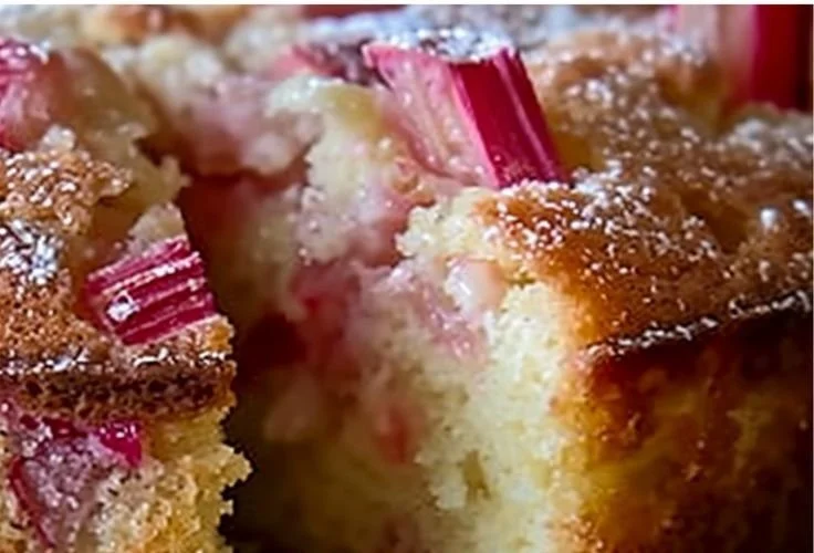 Sour Cream Rhubarb Coffee Cake served on a plate with fresh rhubarb