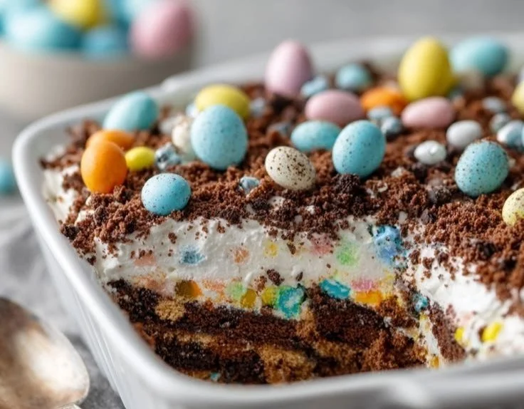 Delicious Ten Minute Easter Dirt Cake with chocolate and gummy worms