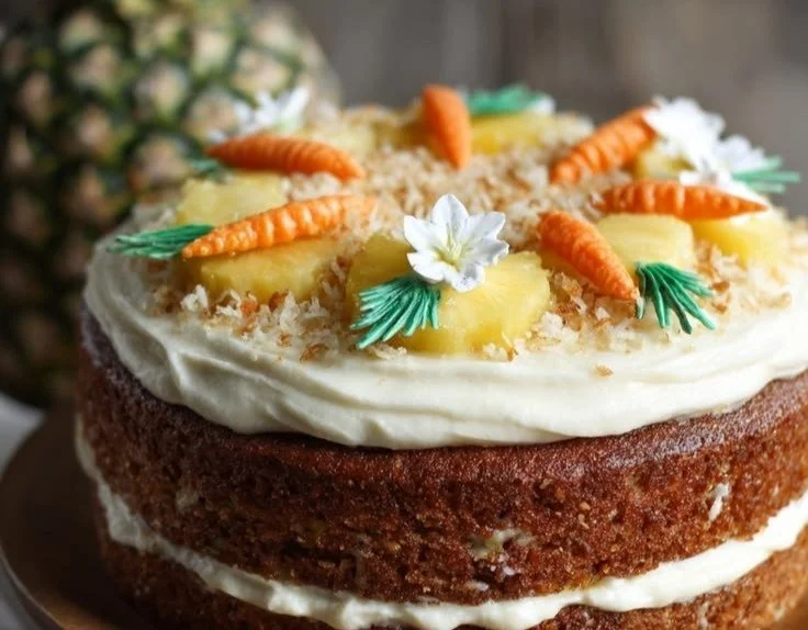 Slice of tropical carrot cake topped with pineapple cream cheese frosting