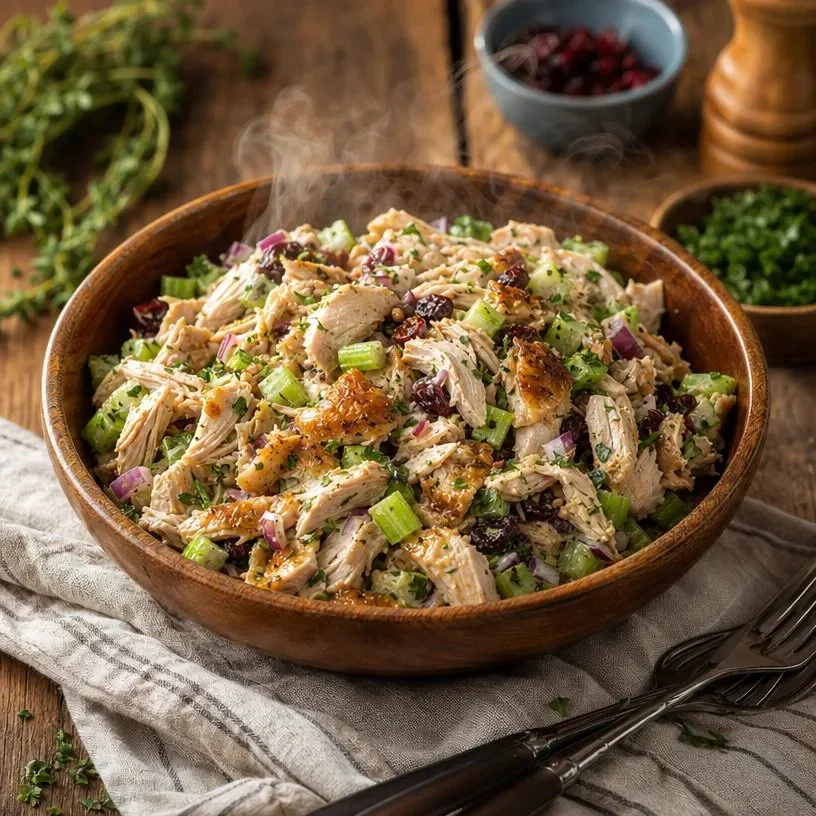 Delicious bowl of rotisserie chicken salad with fresh vegetables and dressing