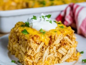 Delicious Chicken Enchilada Rice Casserole baked to perfection
