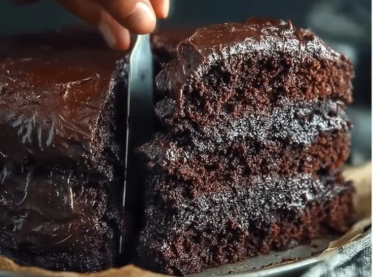 Delicious Chocolate Almond Coffee Cake topped with chocolate glaze and almonds.