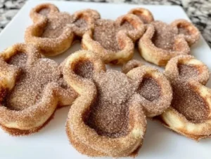 Delicious Churro Mickey Waffles topped with whipped cream and chocolate sauce